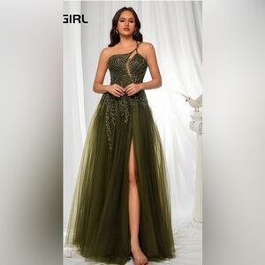 Chic Olive Green Prom Dress with Embellishments